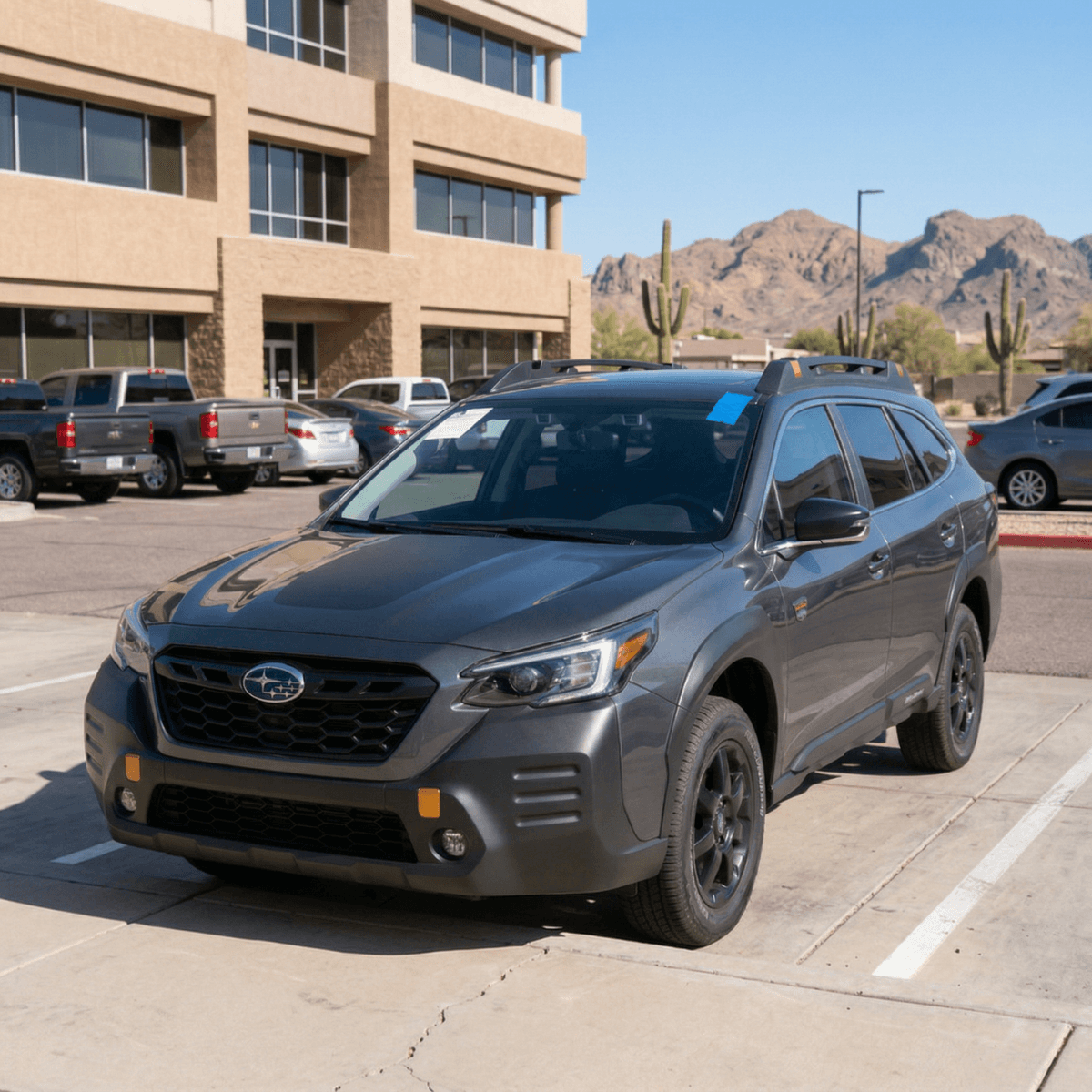 Mobile windshield repair on a gray Subaru Outback at a Yuma, AZ business park parking lot