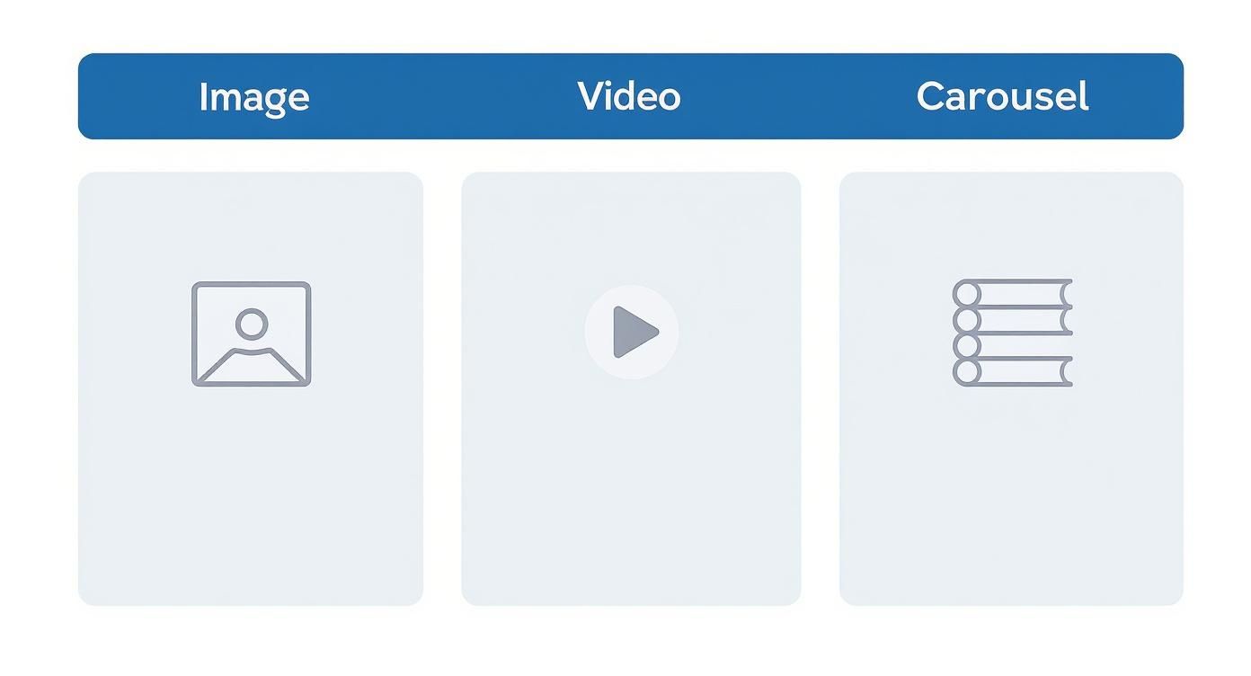 Three content format options displayed: image icon, video play button, and carousel gallery illustration