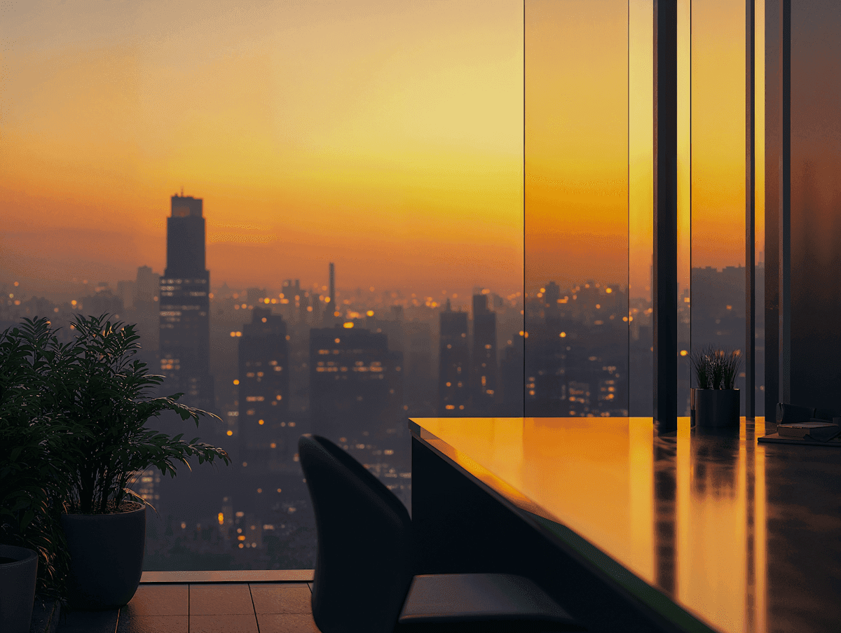City skyline seen from an office window at sunset, with a reflective desk surface.
