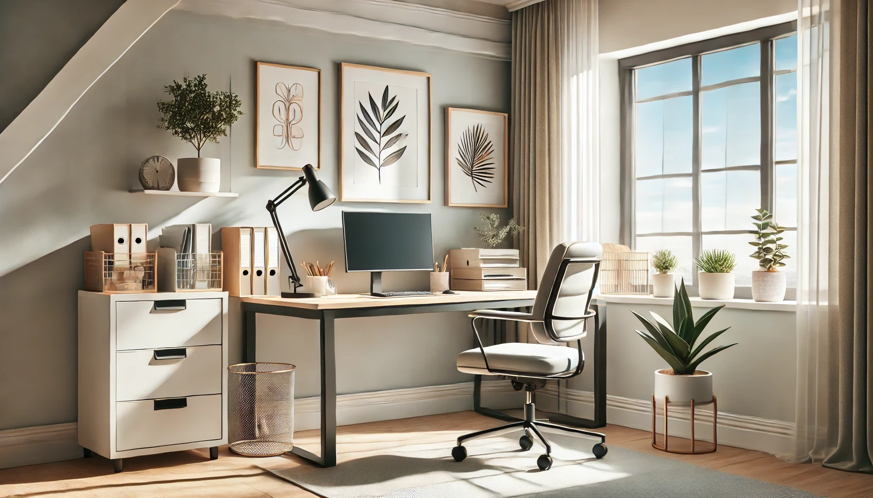 Modern home office with a desk, ergonomic chair, laptop, and potted plant by a sunny window, decorated with wall art in soft colors.