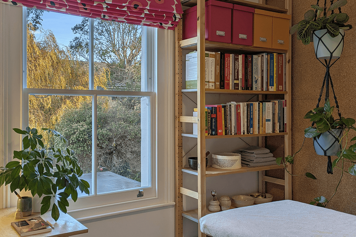 Serene Fen Acupuncture clinic room with natural light, views of mature trees, and a research library—blending calm clinical care with professional expertise.