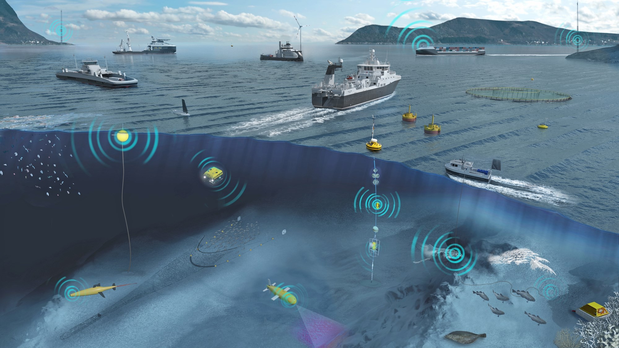 A view from a boat showing other boats on the water, with a coastline in the background.