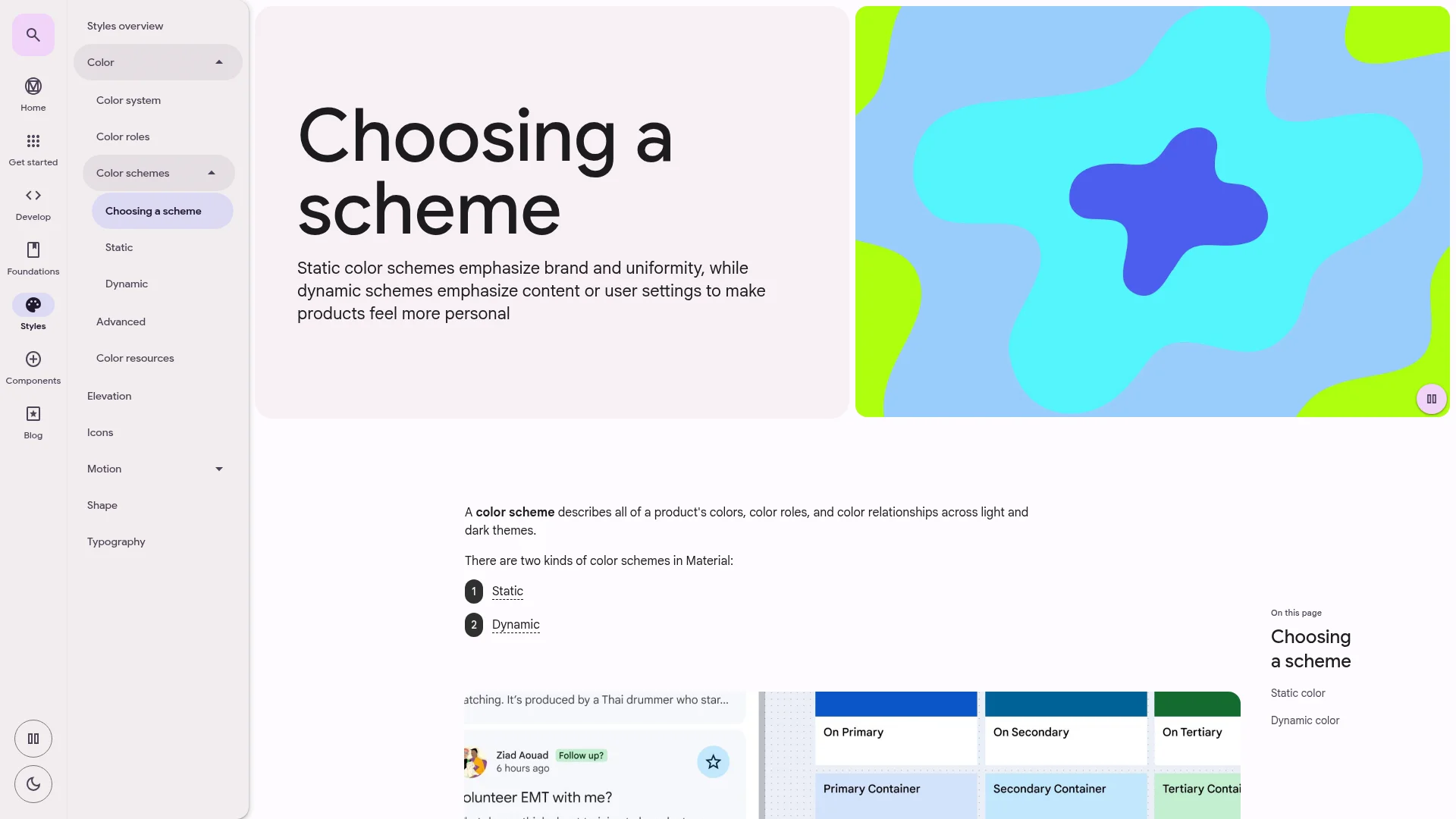 Material Design 3 color scheme documentation showing light and dark theme configuration for app design