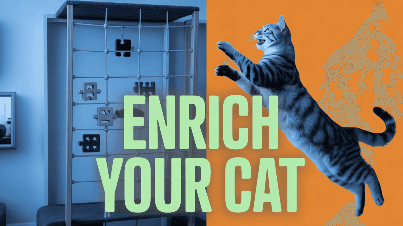 Indoor cat leaps toward climbing wall with ENRICH YOUR CAT neon copy