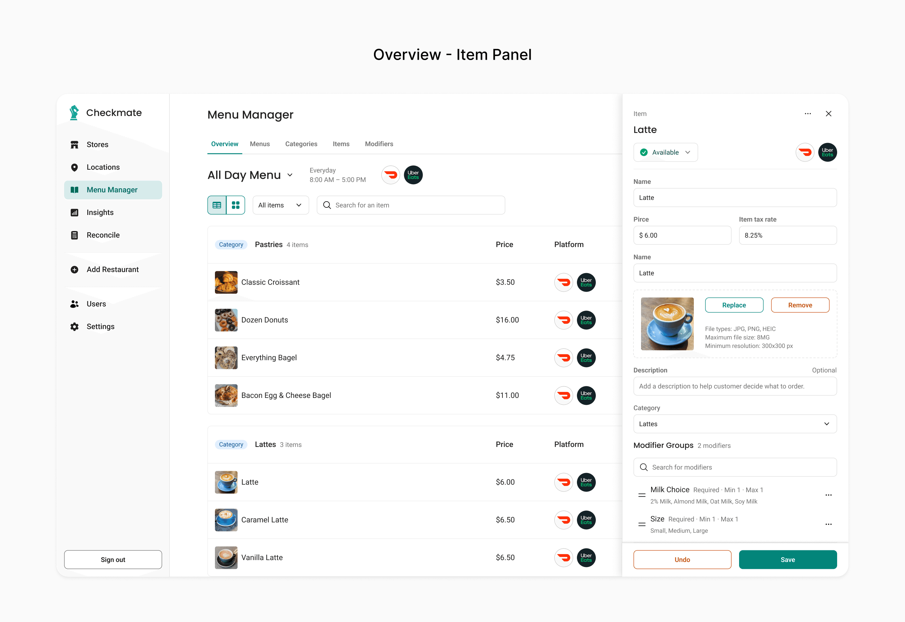 Titled "Overview - Item Panel". Item detail open in a right-hand side panel with fields for status, name, price, item tax rate, photo, description, category, and modifier groups. The menu list remains visible and in place to its left. The panel ends in a footer with Undo and Save.
