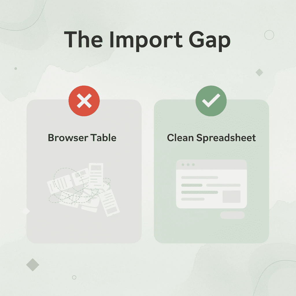 Before and after infographic showing browser table versus clean spreadsheet