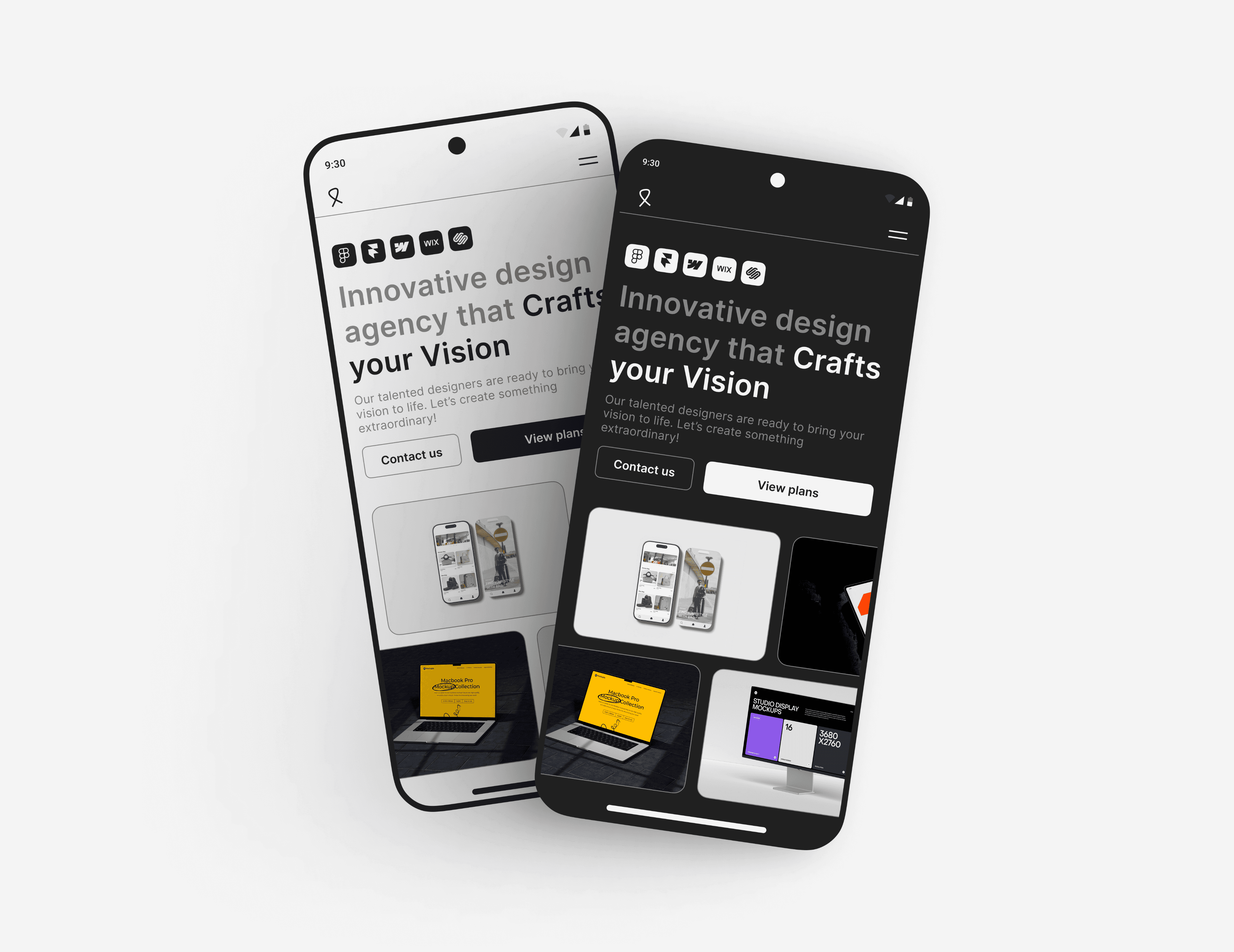 Two smartphones displaying a website for an innovative design agency, with one screen showing a light-themed interface and the other a dark-themed interface, featuring options for contacting the company and viewing design plans.