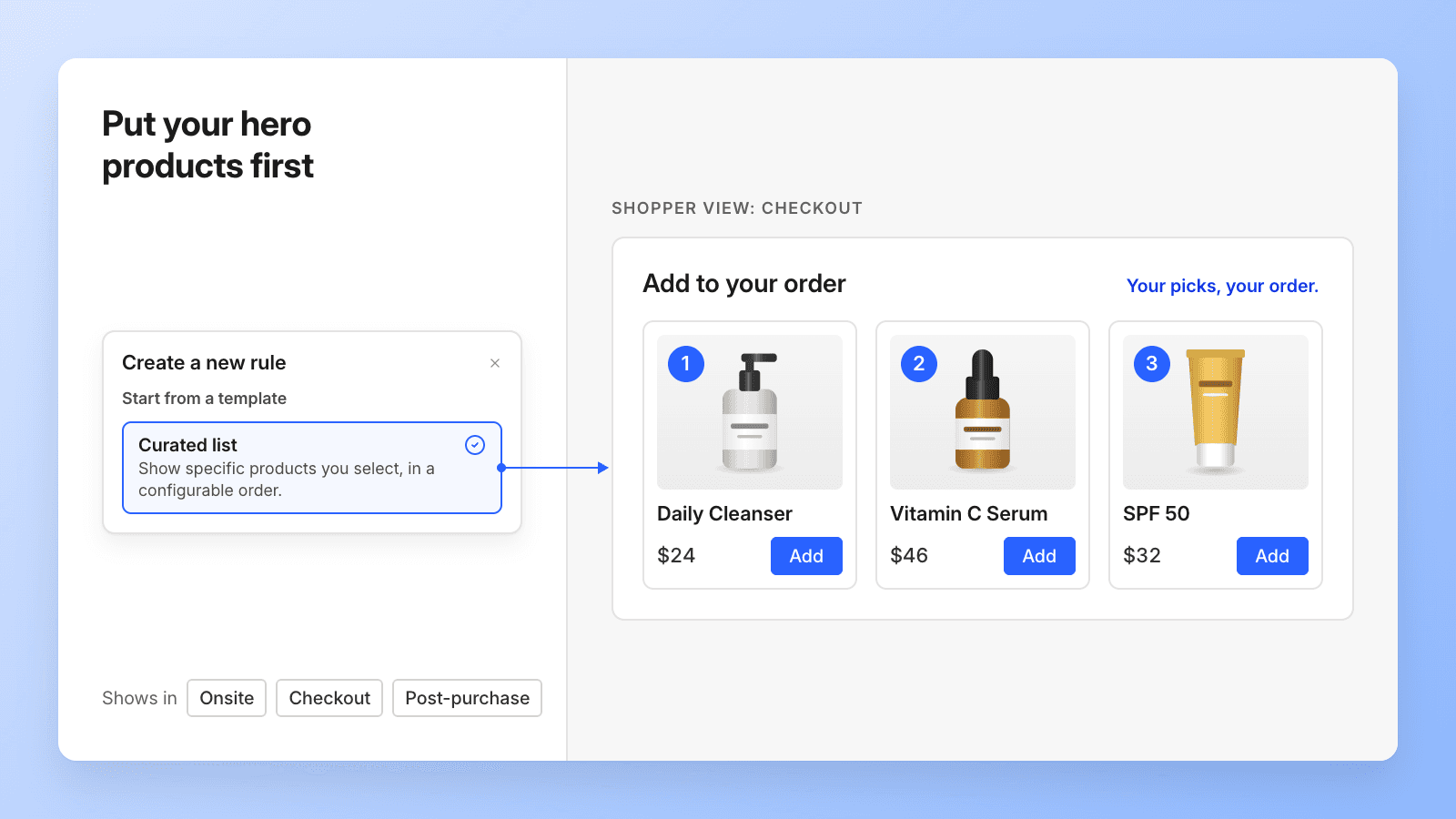 Put your hero products first on your Onsite Upsells