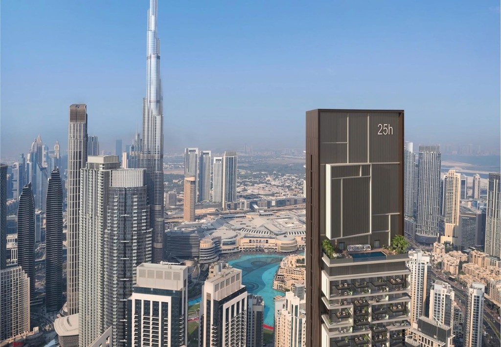 A tall building, 25H Heimat in Dubai, offers a panoramic view of the city skyline.