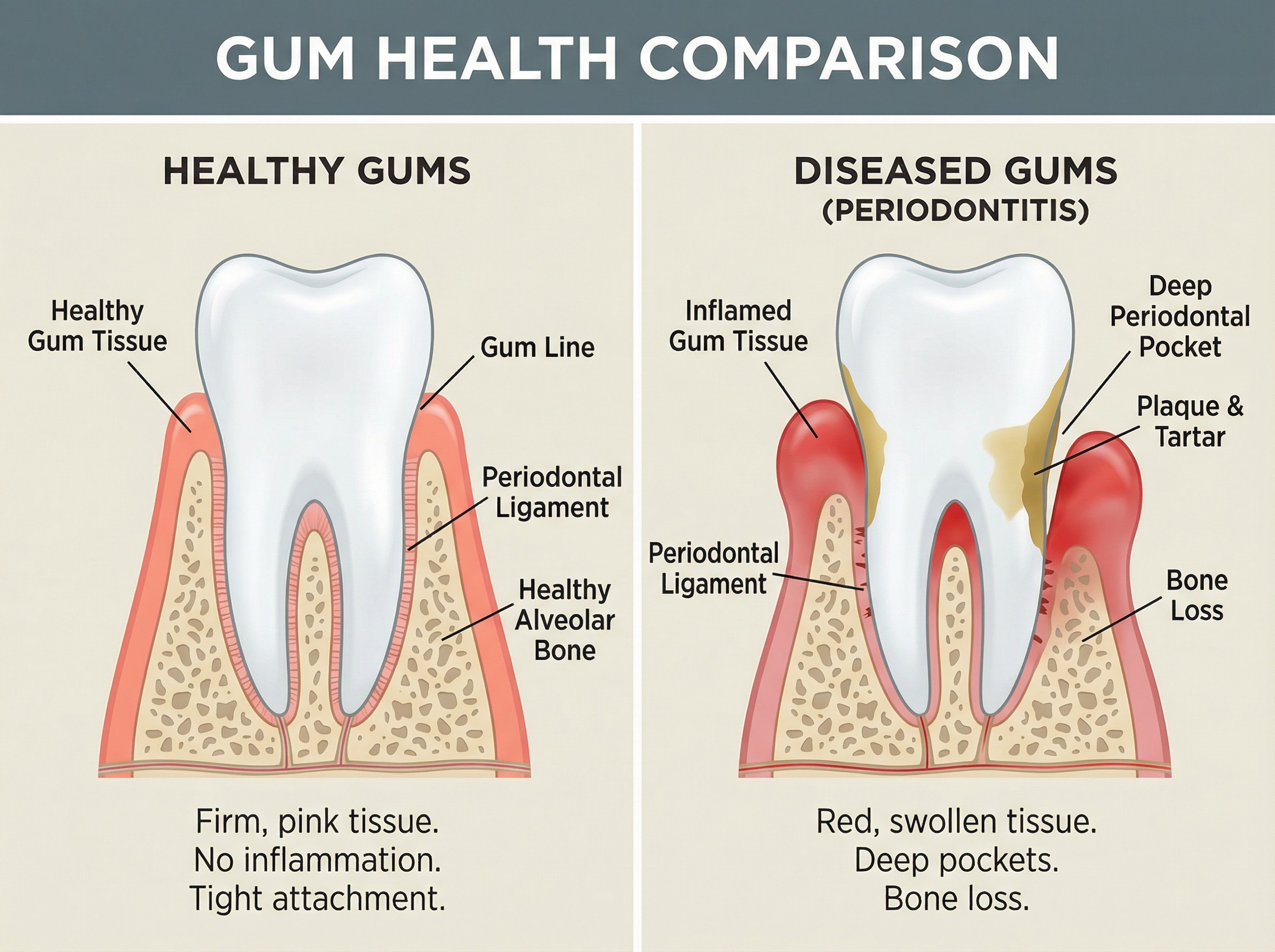 Medical illustration comparing healthy gums to gum disease showing bone loss and infection at Smyrna Dental Studio periodontal treatment