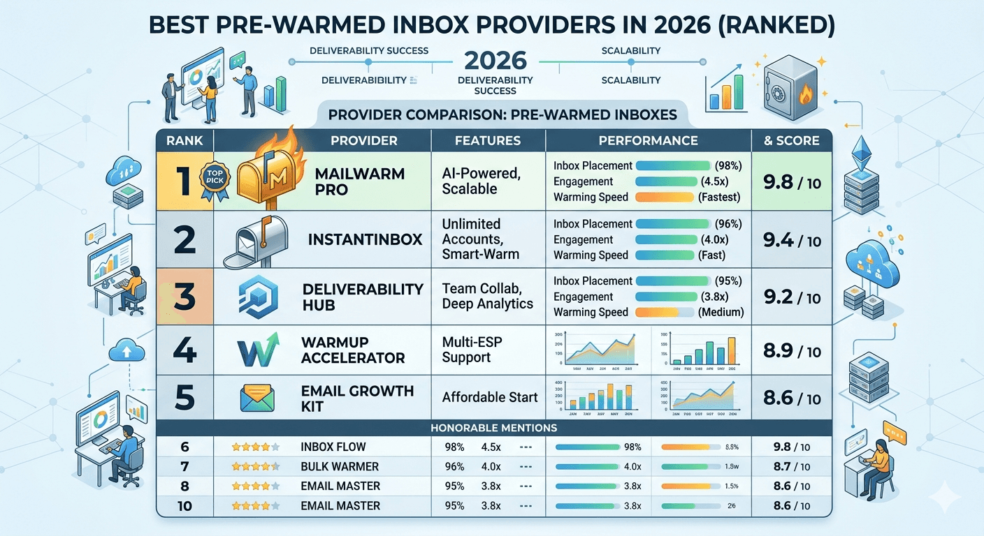 how pre-warmed inboxes improve cold email deliverability in 2026, featuring a laptop warming up email reputation, rising graph, envelopes with checkmarks, and a rocket symbolizing improved performance.