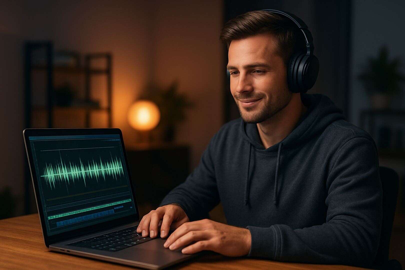 AI video translation workflow showing audio editing and voice processing on a laptop