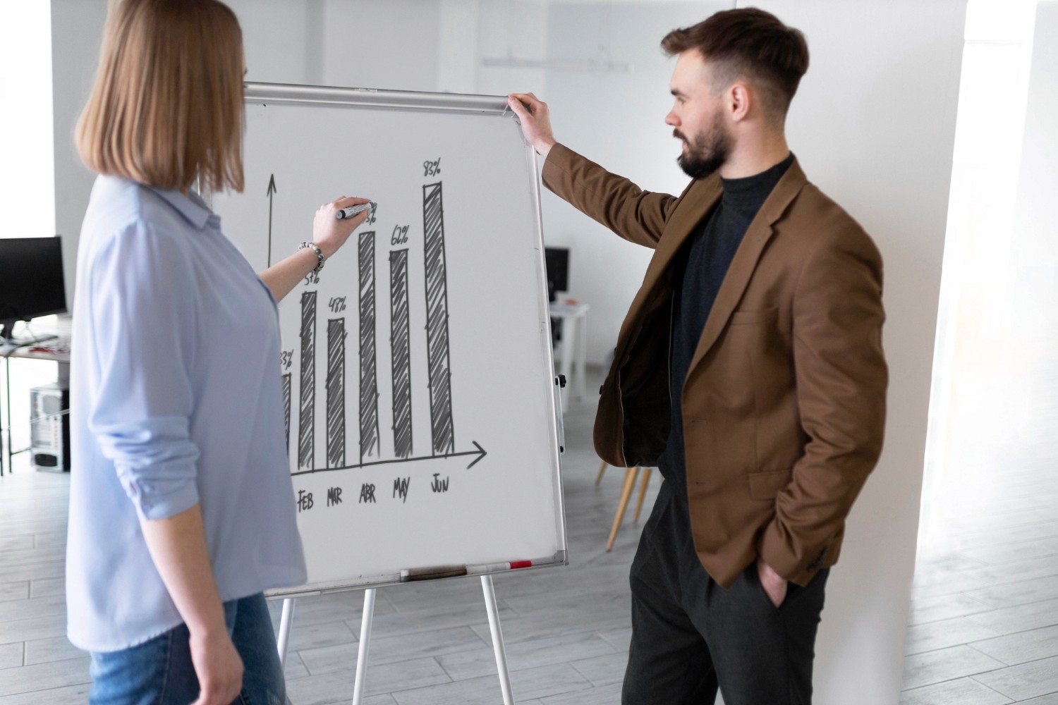 A man and woman stand before a whiteboard displaying a chart, engaged in a discussion or presentation.