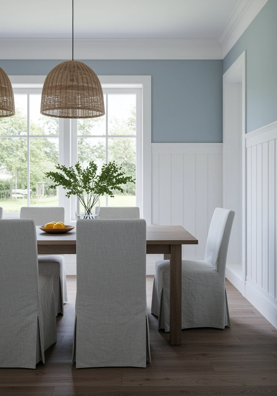 Serene coastal dining room with blue-gray walls, white wainscoting, and natural textures