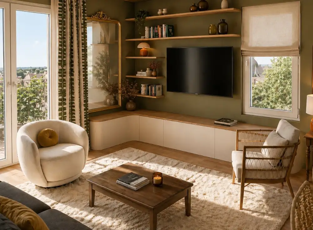 Salon avec mur vert olive, meuble TV et étagères bois sur mesure, fauteuil blanc bouclé et miroir doré, décoration intérieure par Maud Ravetto Design