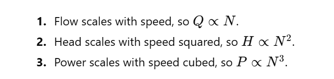 Pump affinity laws: flow, head, and power scaling with speed