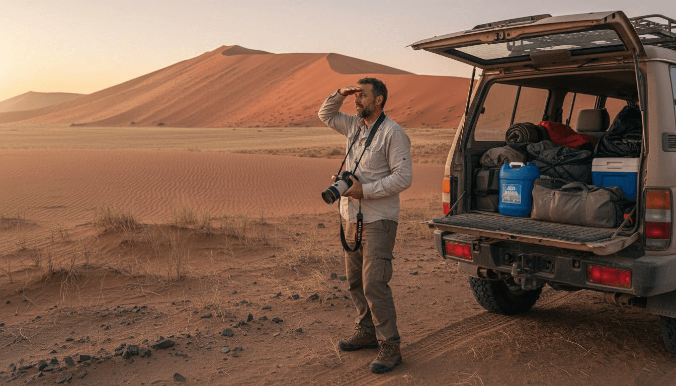 Amanecer en el desierto de Namibia: un viajero y su todoterreno listos para una nueva aventura.