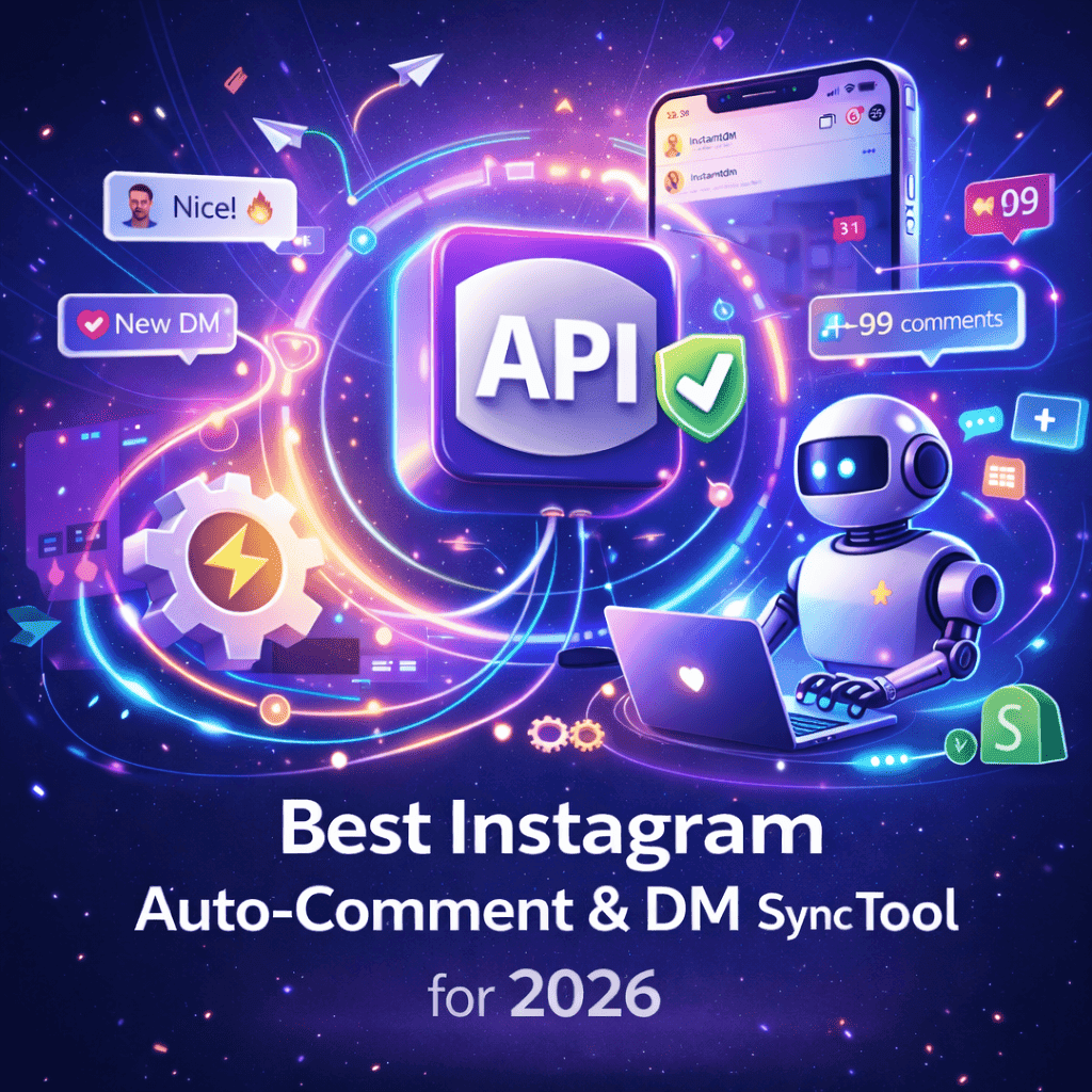 Futuristic promotional illustration showing an API-powered Instagram automation system with glowing elements, chat notifications, and a smart assistant, highlighting the best auto-comment and DM sync tool for Instagram in 2026.