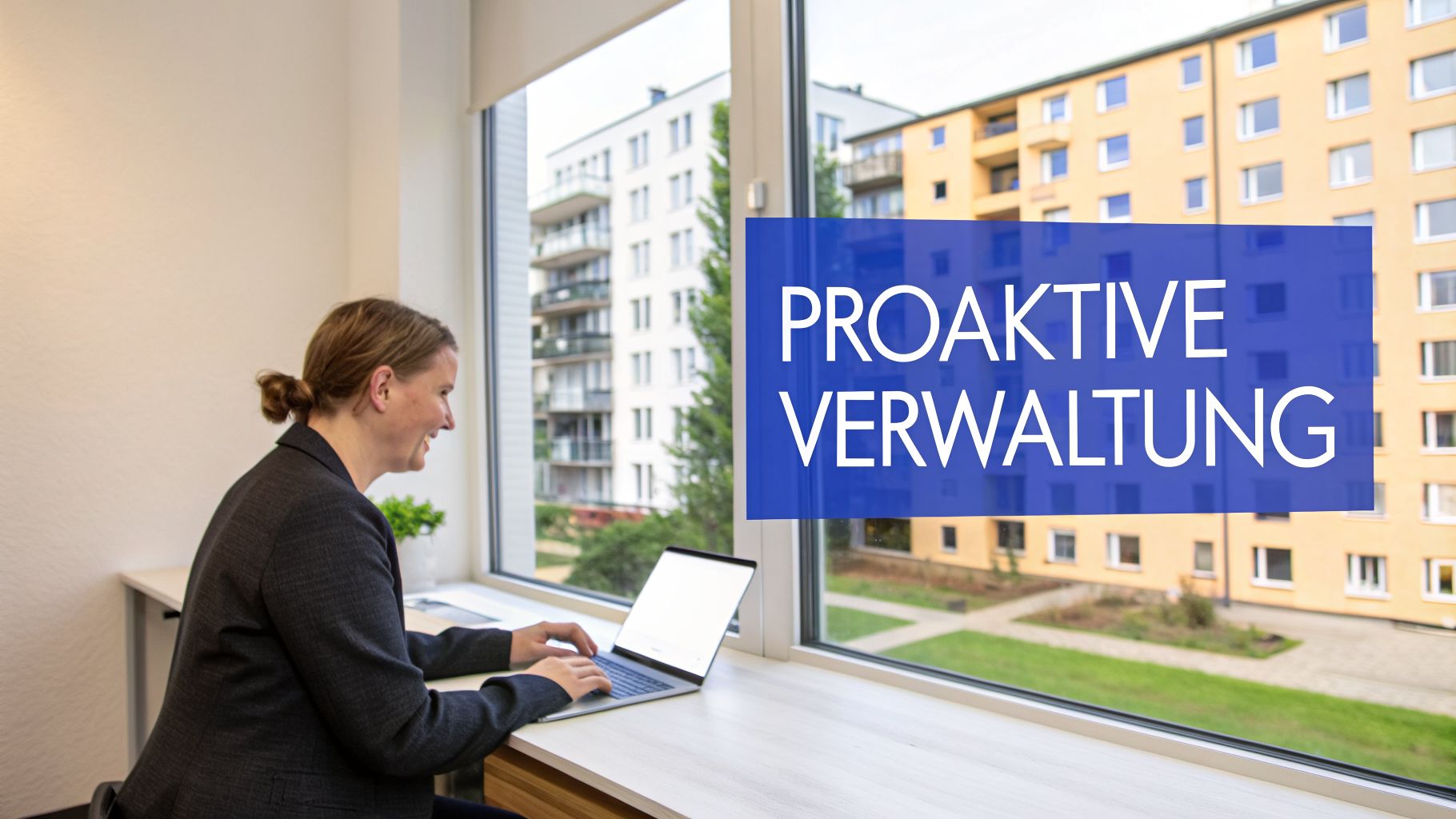 Eine Frau arbeitet an einem Laptop vor einem Fenster mit Blick auf Wohngebäude und Text 'PROAKTIVE VERWALTUNG'.