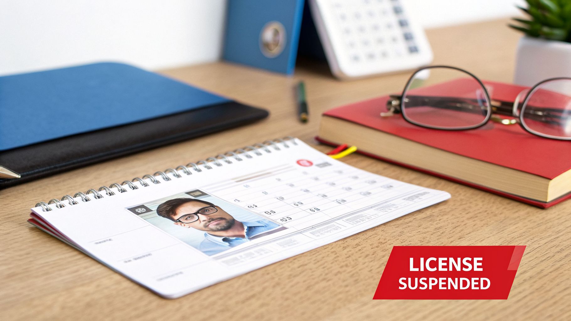 A desk with a calendar showing a man's photo, glasses on a red book, and a 