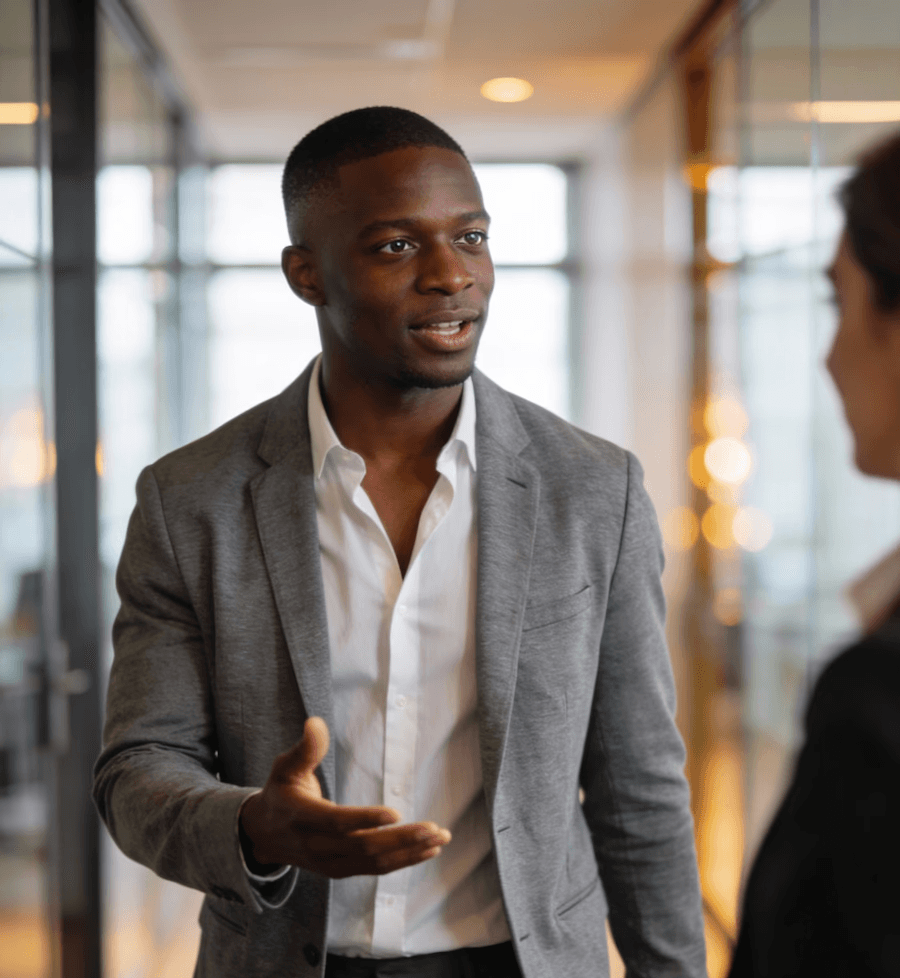A professional man in a gray blazer converses in a modern office hallway with glass walls and warm lighting.