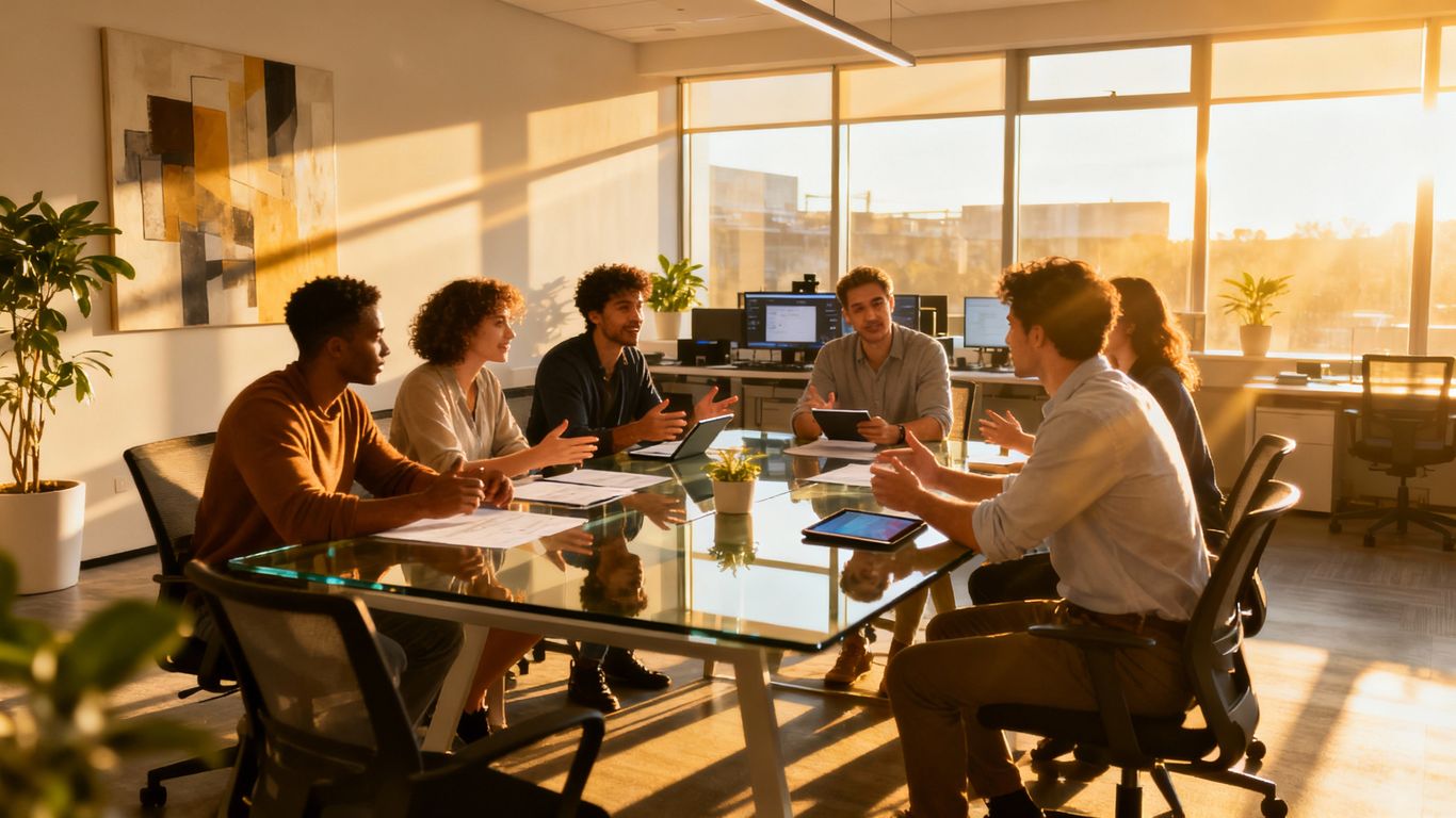 Team collaborating in a modern office.