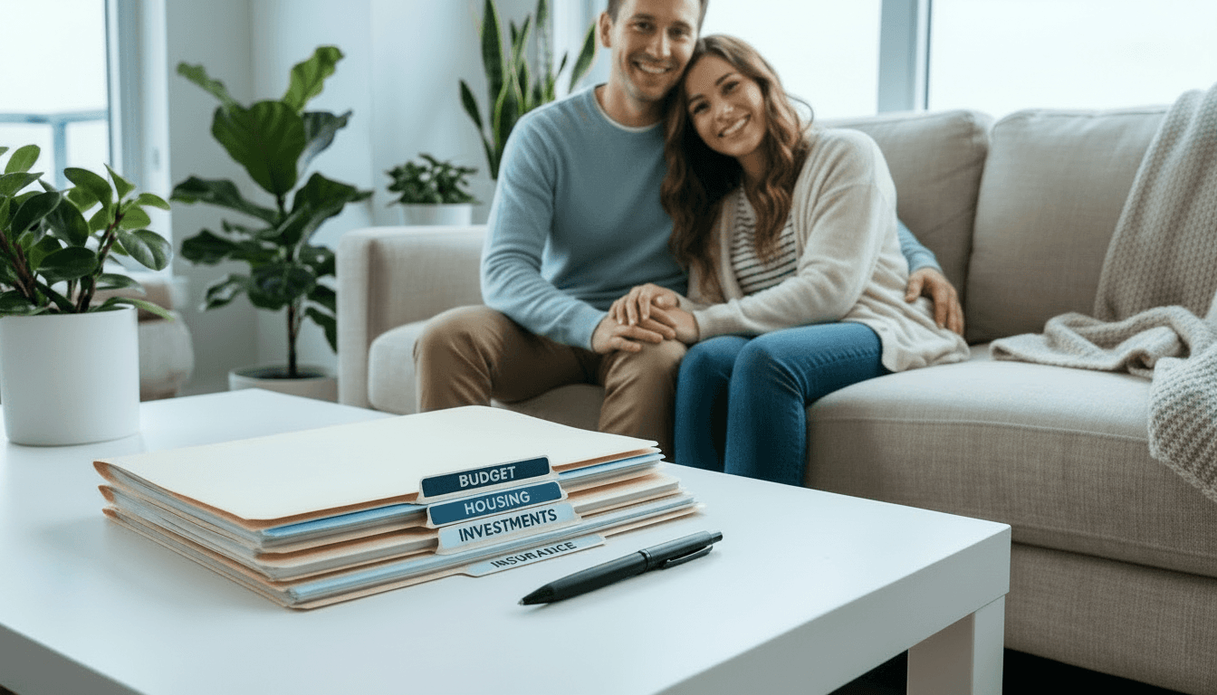 Couple sitting happily in their living room and looking at their organized financial records