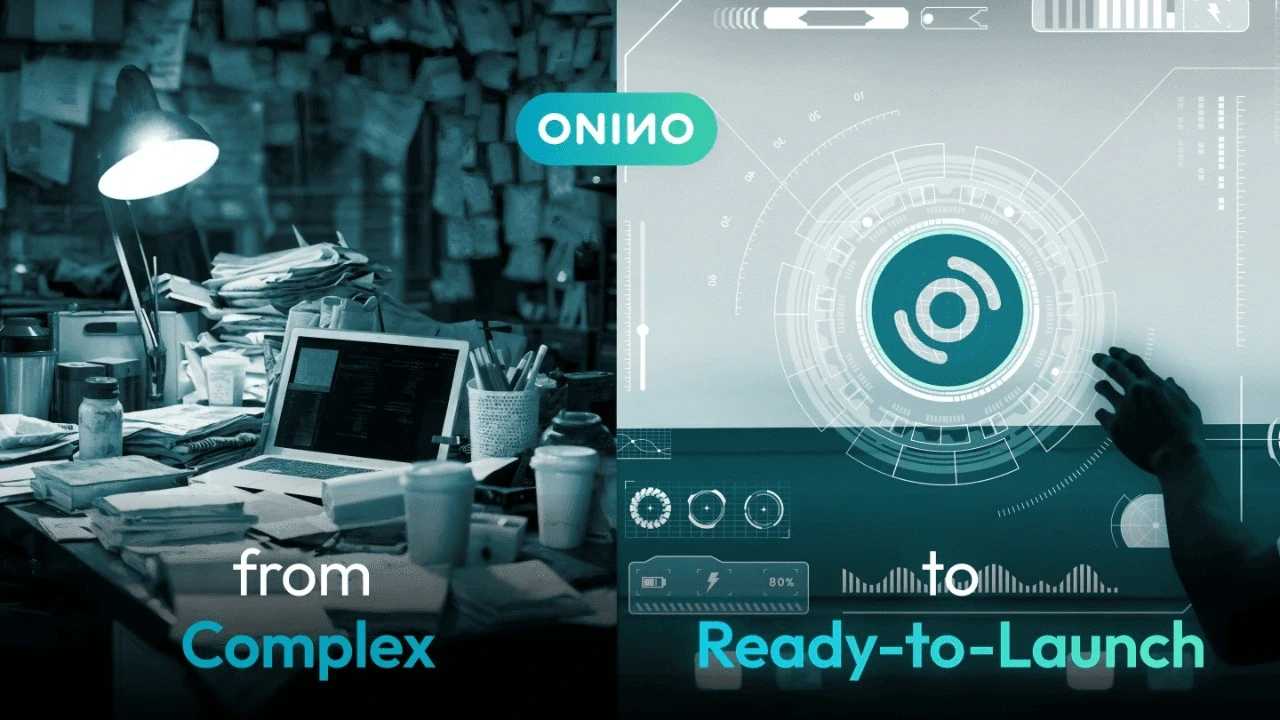 Cluttered desk versus futuristic tokenization interface contrasting complex setup with a ready-to-launch platform — ONINO
