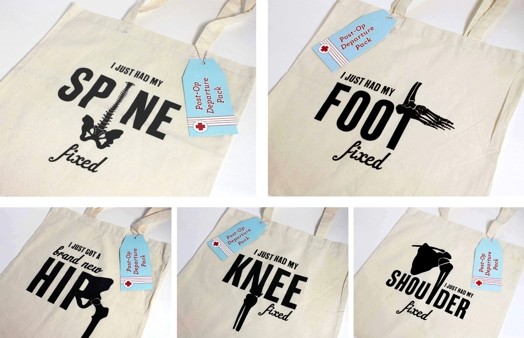 collage of images with handbags with illustrations and text like spine, foot, hip, knee or shoulder