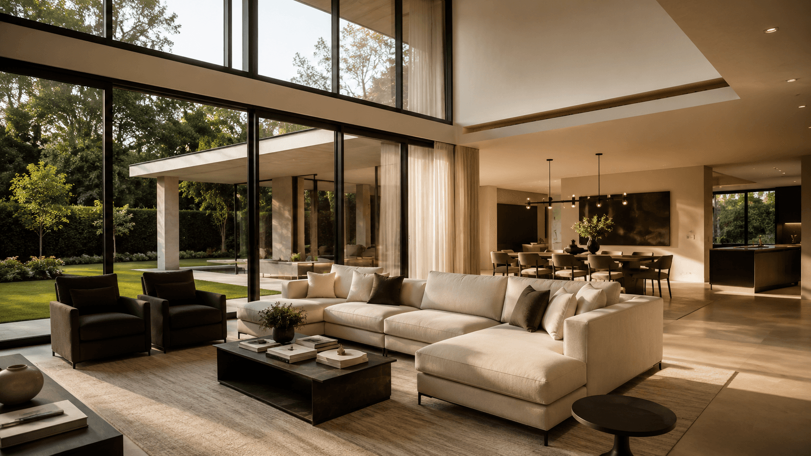 Luxury open-plan living room with floor-to-ceiling windows, warm natural light, neutral minimalist furniture, and a lush garden view outside.