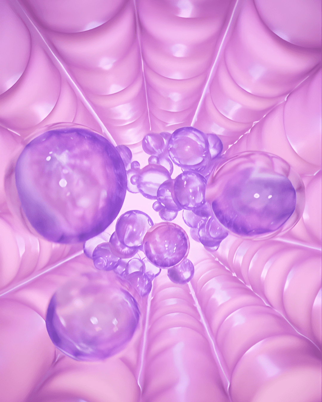 A high-fidelity render shows the glowing, ribbed tunnel filled with refractive purple bubbles