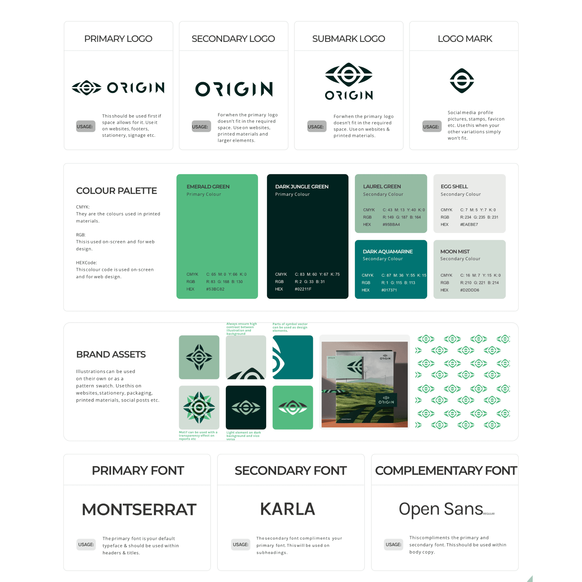 Brand guideline page showing color swatches in greens.