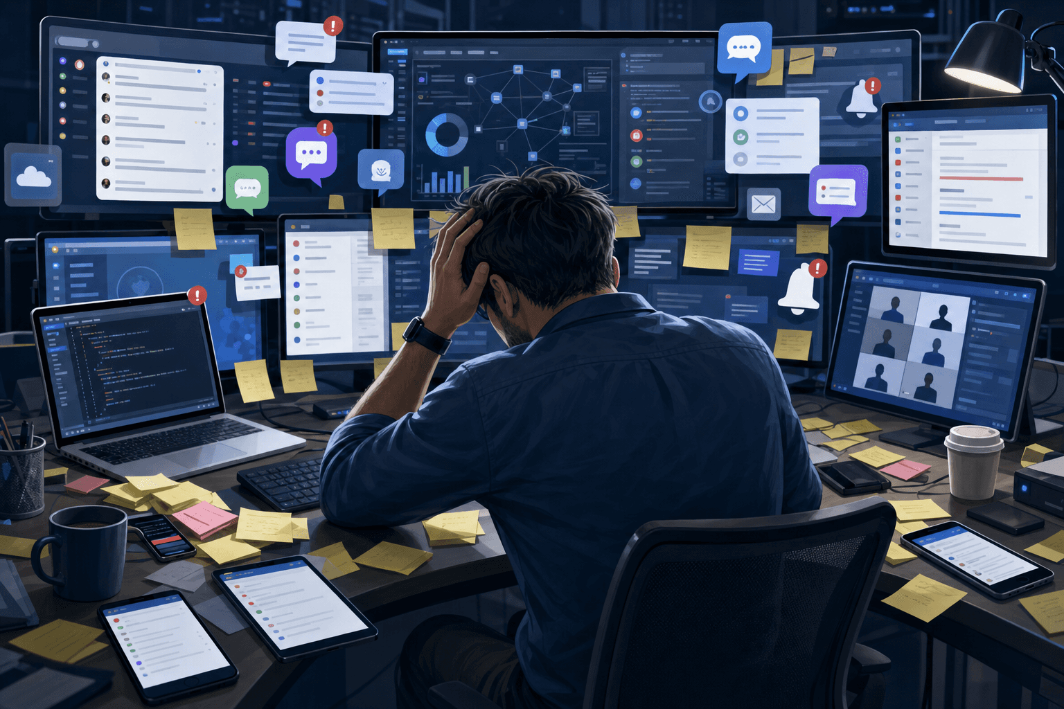 A stressed IT professional at a desk surrounded by multiple screens and devices showing various communication channels and notifications, with scattered sticky notes and urgent messages piling up, illustrating the chaos of context switching and channel fragmentation in a modern office environment, professional digital illustration style with cool blue and gray tones