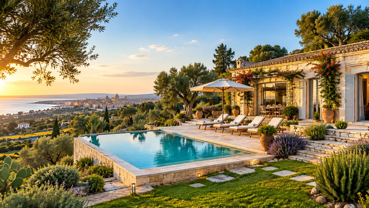 Villa in pietra con piscina e vista panoramica su una città costiera siciliana