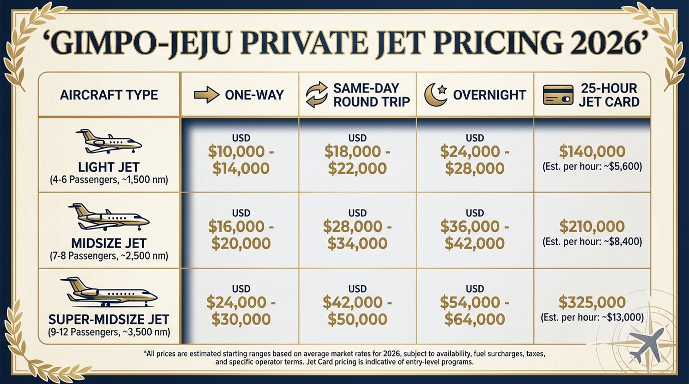 Seoul to Jeju private jet pricing — light and midsize jet one-way, round trip, same-day golf, overnight, and jet card itinerary breakdown