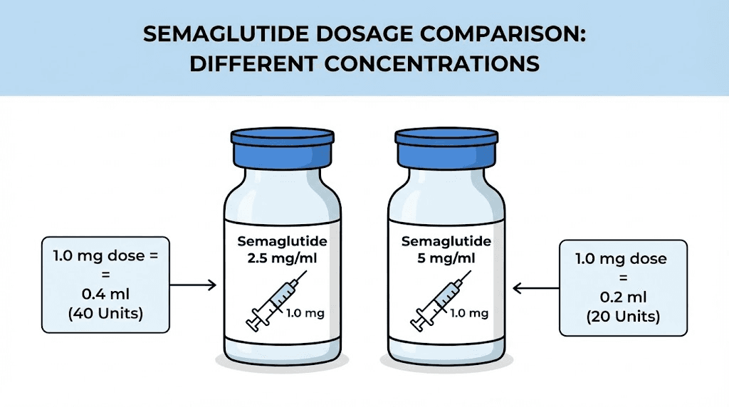 Comparison of semaglutide 5mg/ml vs 2.5mg/ml concentration showing different syringe units for same dose
