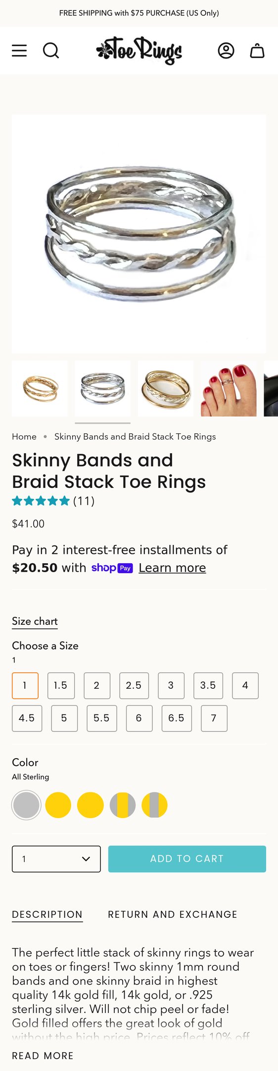 Jewelry product options include: ring for Skinny Bands and Braid Stack Toe Rings from Toe Rings.