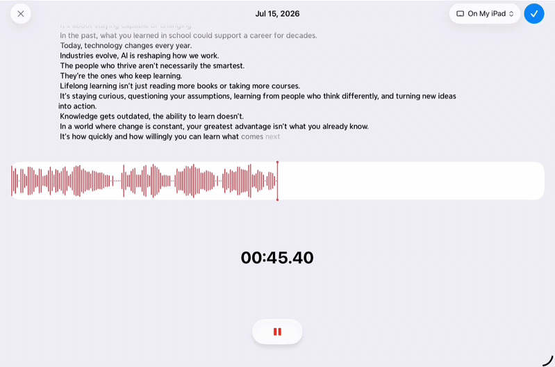 Record to Map screen showing a completed recording with transcript and waveform before converting it into a mind map.