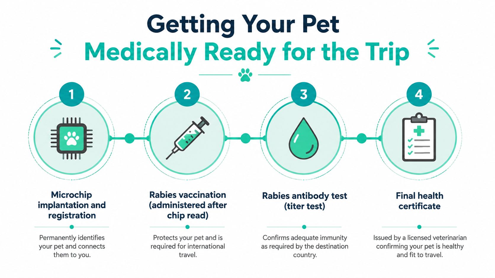 A four-step infographic illustrating the medical requirements for preparing a pet for international travel.