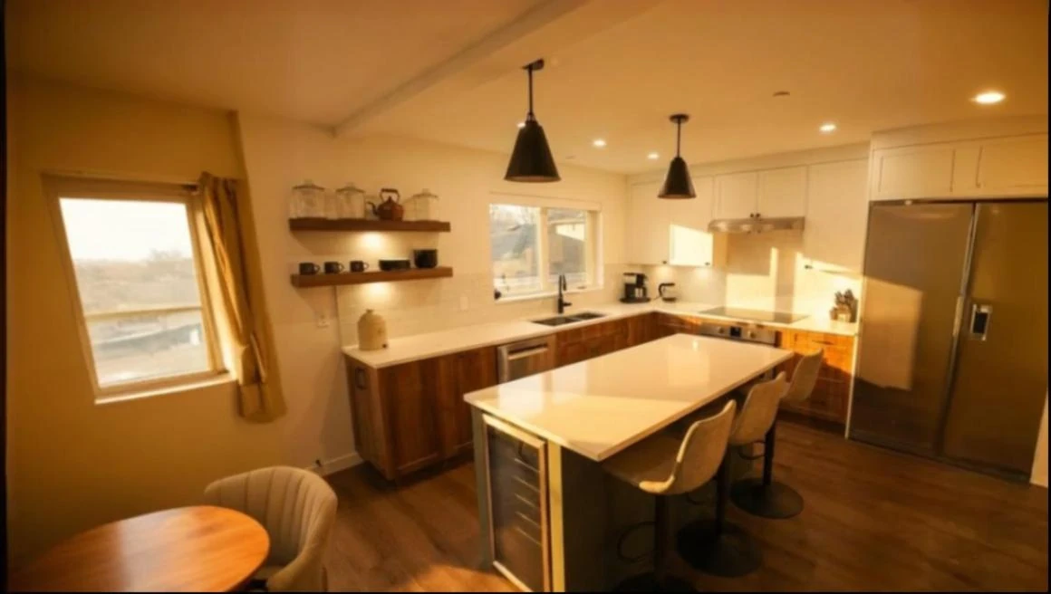 Spacious modern kitchen in Vancouver custom home with white quartz countertops, warm wood cabinetry, floating shelves, pendant lighting, and island seating with natural light