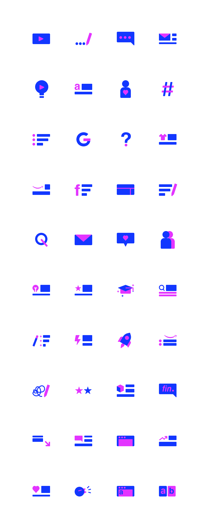 A set of forty 24 pixel icons, featuring a lightbulb, graduation hat, hashtag, bird, rocketship, and more. Vibrant blue and pink colours used.