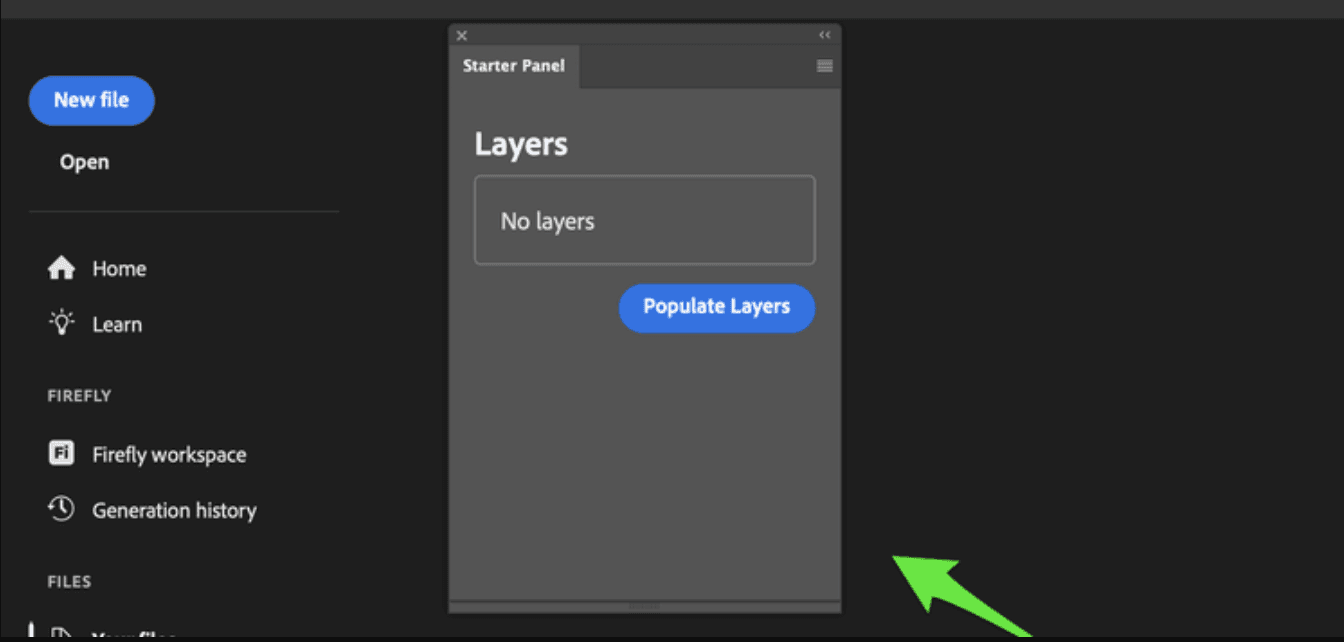 Photoshop interface showing a custom UXP plugin panel with a button for populating document layers.
