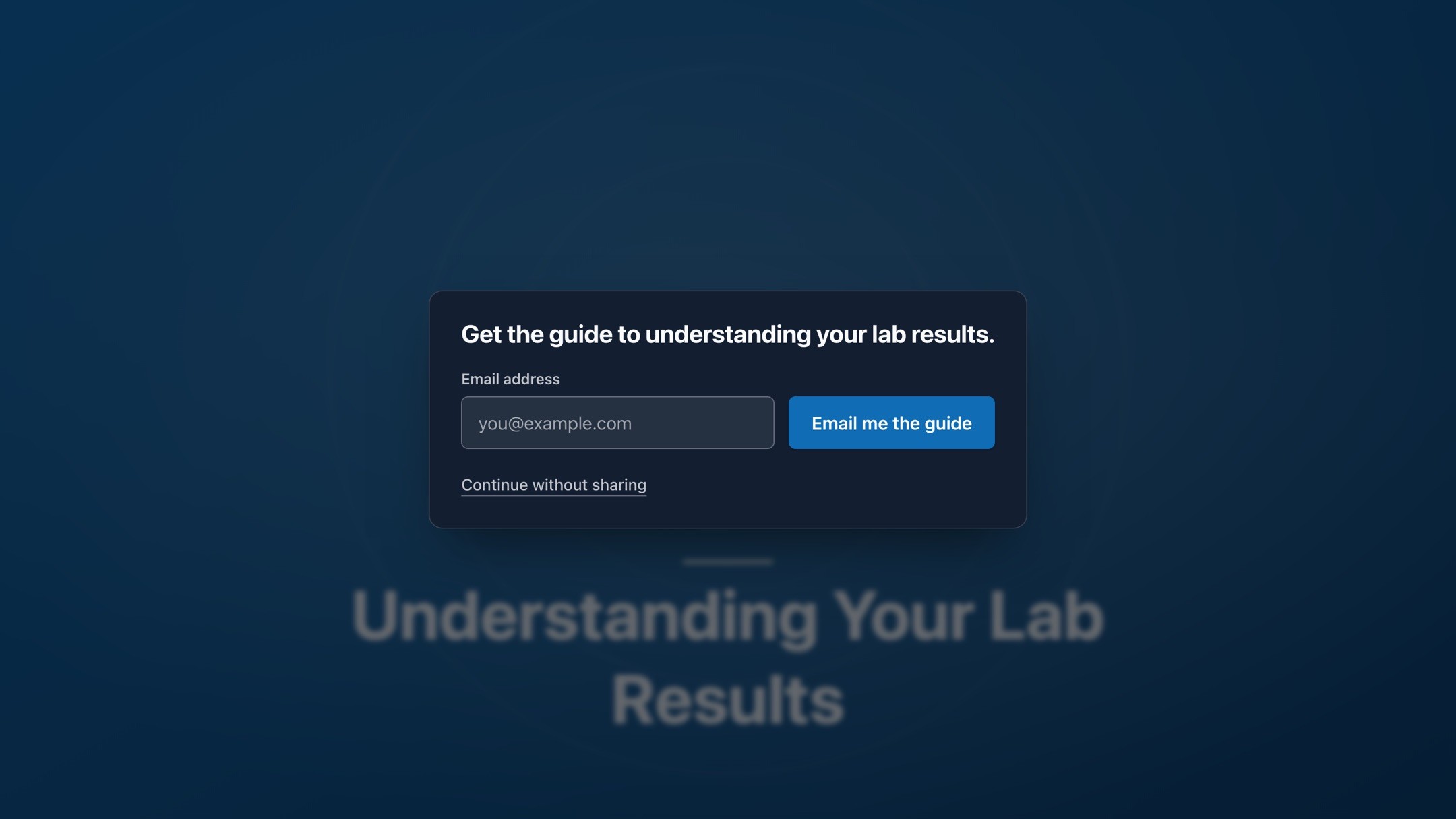 The in-player email form on a video titled Understanding Your Lab Results, showing the offer text, the email field, the submit button, and the Continue without sharing control.