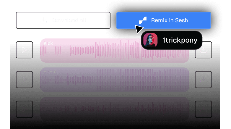 A mouse cursor hovering over a button that says "Open in Sesh" where the user can easily edit their stems in a DAW interface 