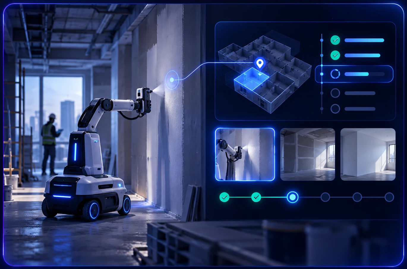 Painting robot on a construction site with live progress synced to the project plan