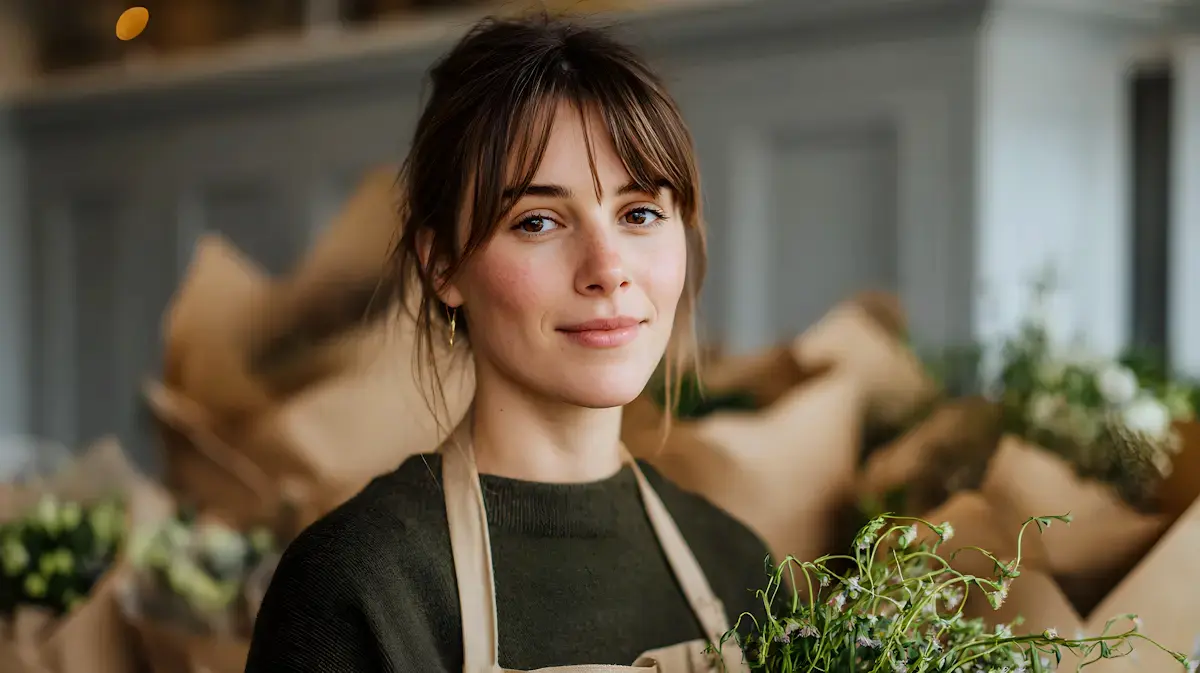 Elin Berg, florist, holding fresh flowers in her shop