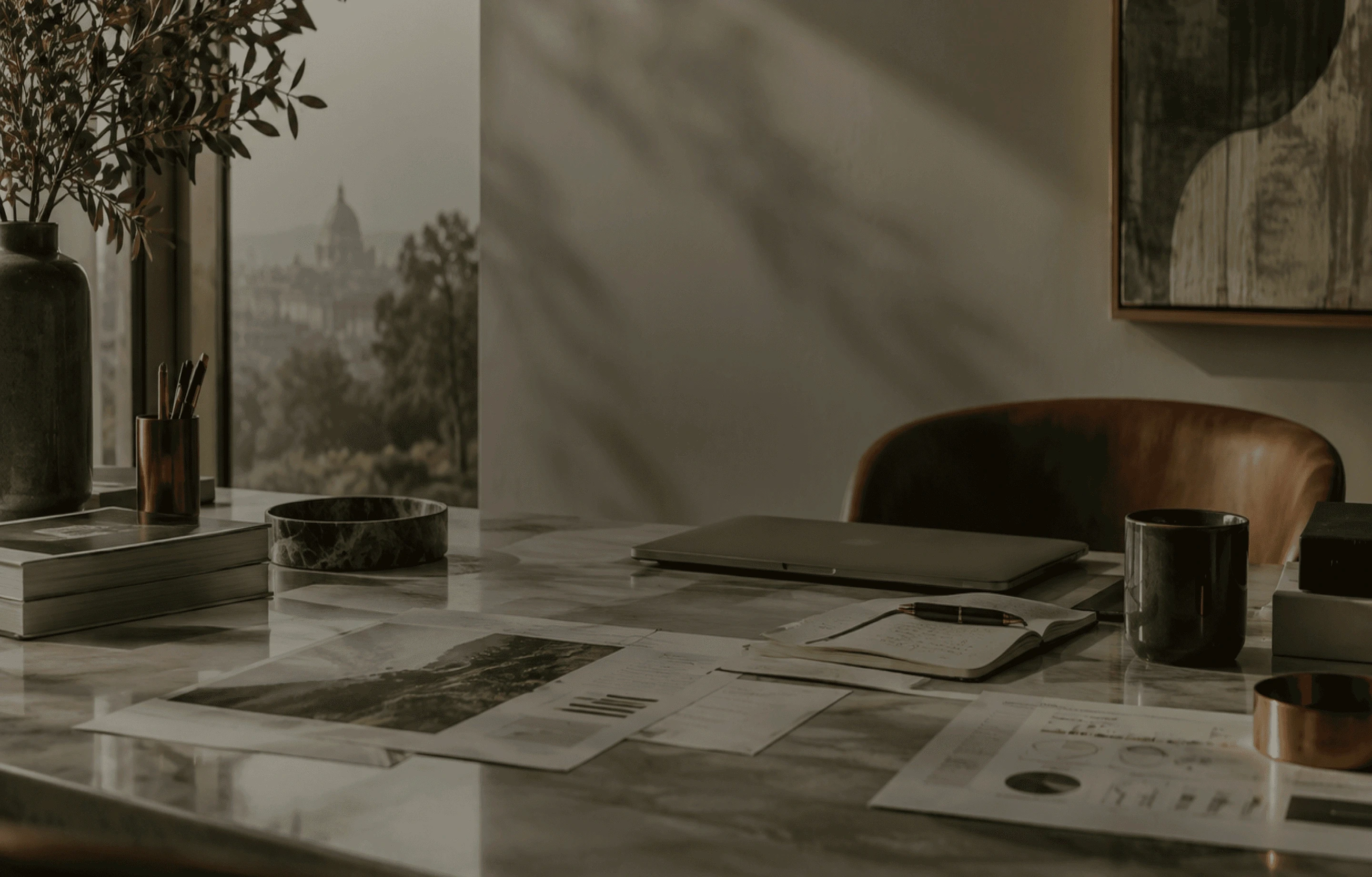 Warm editorial workspace representing the role of context and strategic judgment in turning information and insights into clearer business decisions.