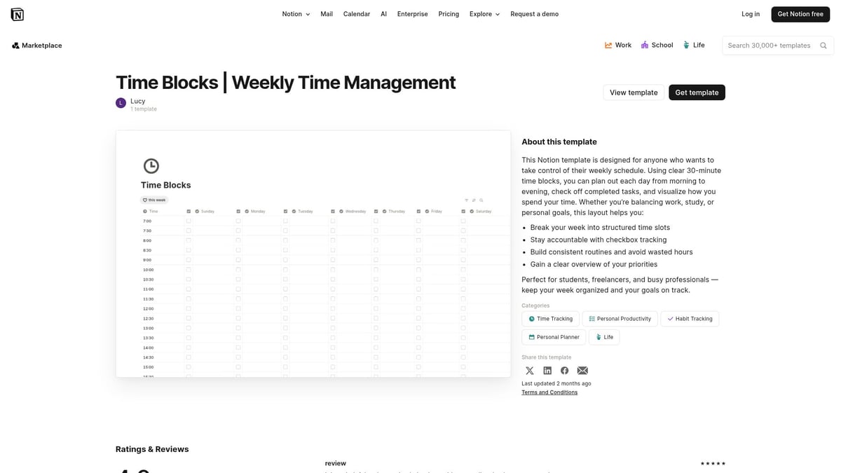 7 Best Notion Planner Templates to Organize Your 2025 - Time Blocks | Weekly Time Management by Lucy (Free)