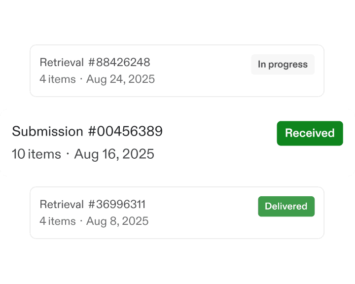 Vault submission tracking showing received and delivered status for card transfers