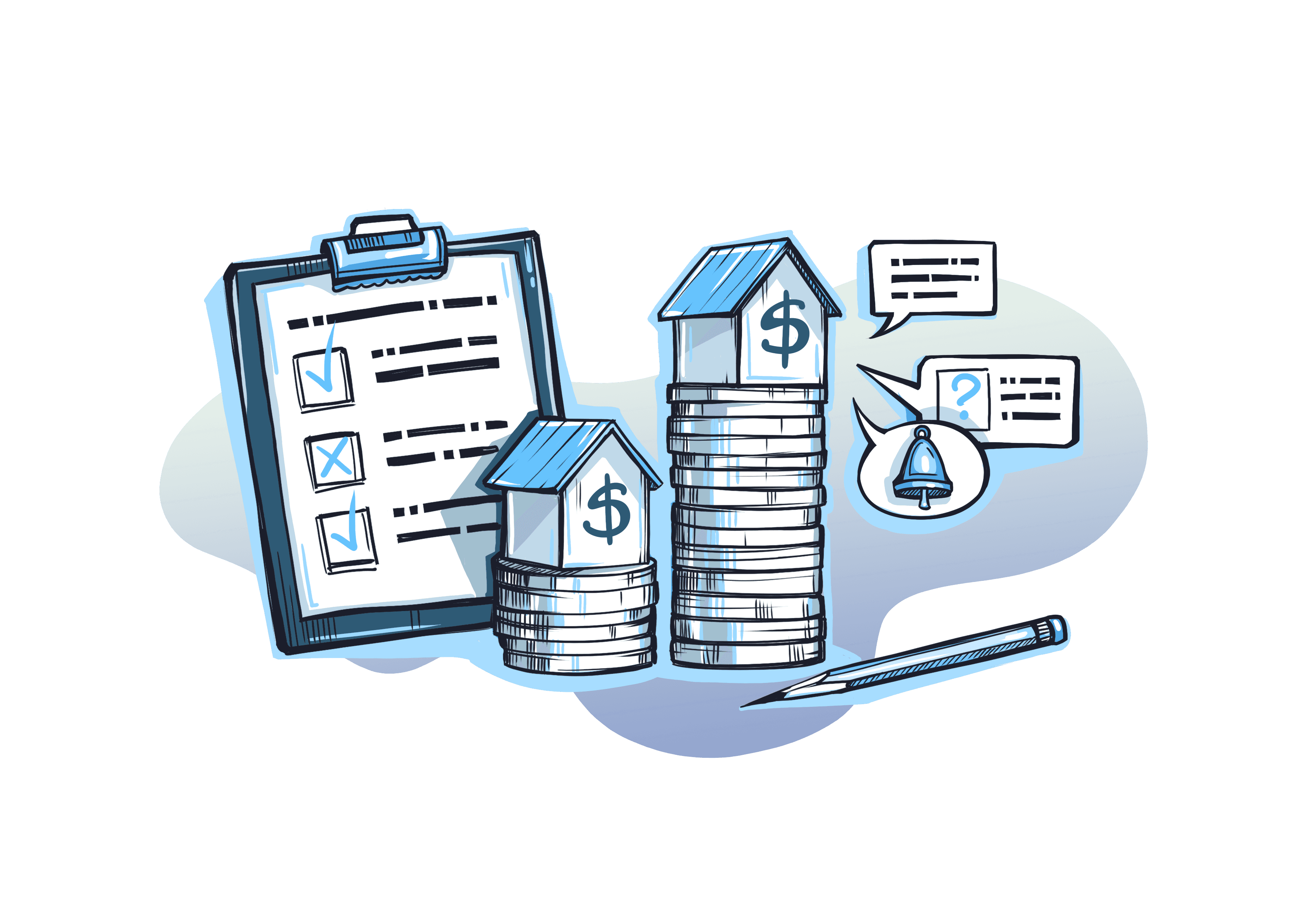 Illustration of houses with notification bubbles on top of coins next to a checklist